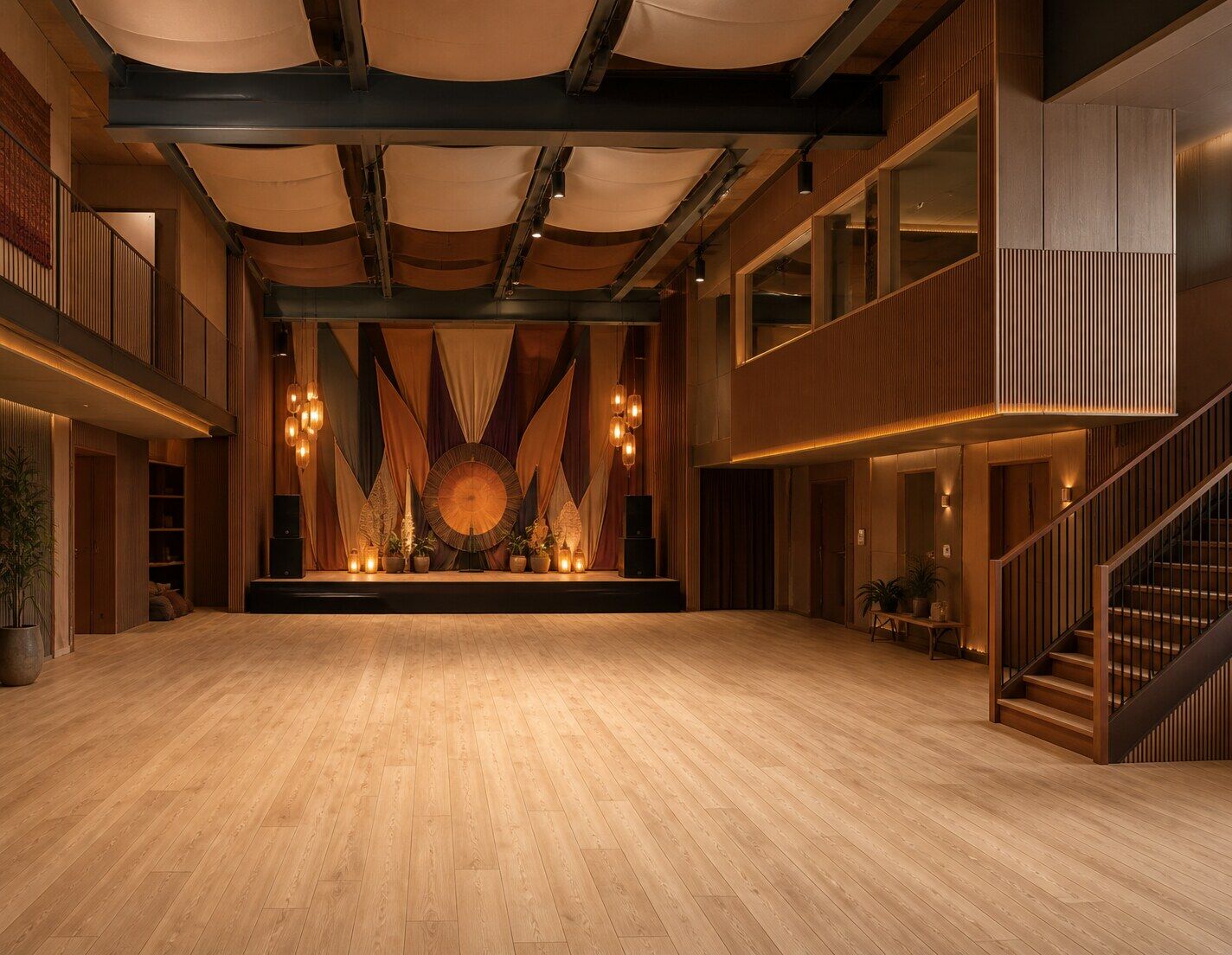 Interior impression of the hall by day, warm wood and soft light