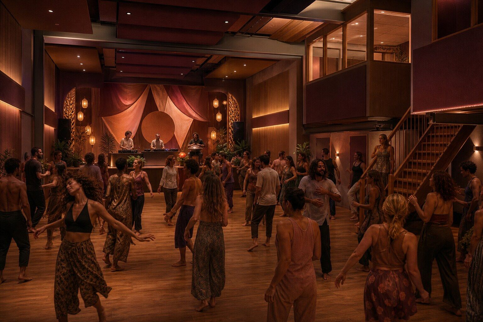 Interior impression of the same hall at night, full of dancers